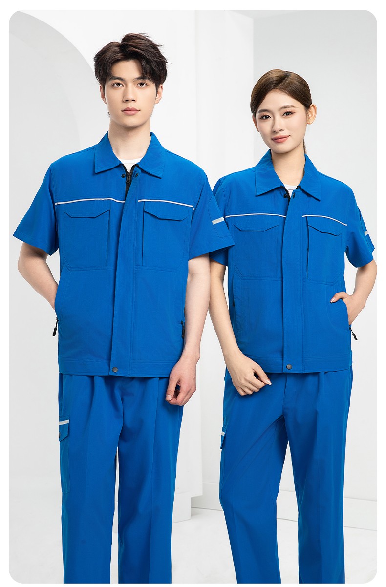 DM242D 夏季短袖工作服薄款反光条纯色外套印字工厂厂服汽修工地劳保服(图15)