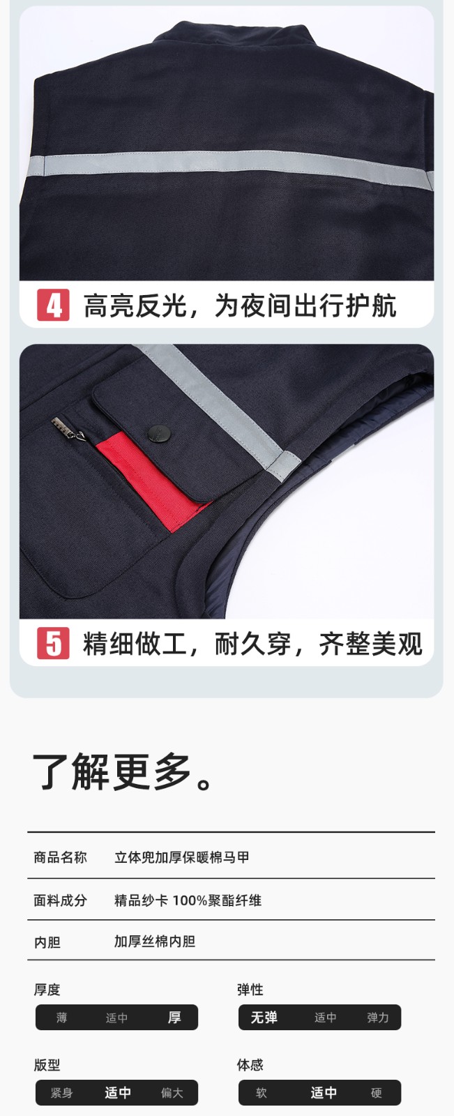 YJ-9901 冬季棉马甲工装立领纯色反光条工作服多口袋拉链船厂加油站定制(图11)